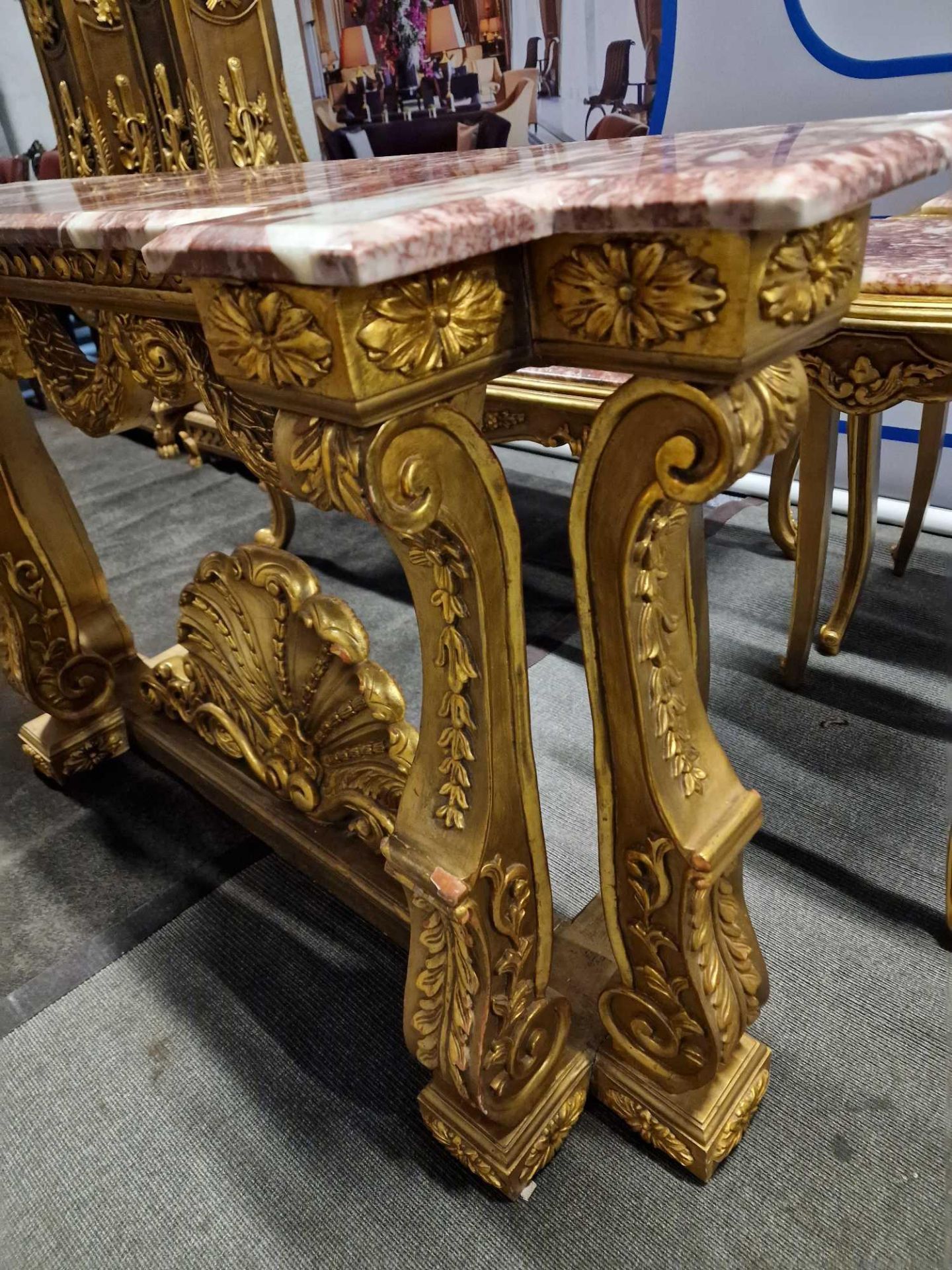 Italian Carved Gilt Wood Rococo Style Console Table The Bevelled Moulded And Thick Rosso Alicante - Image 21 of 24