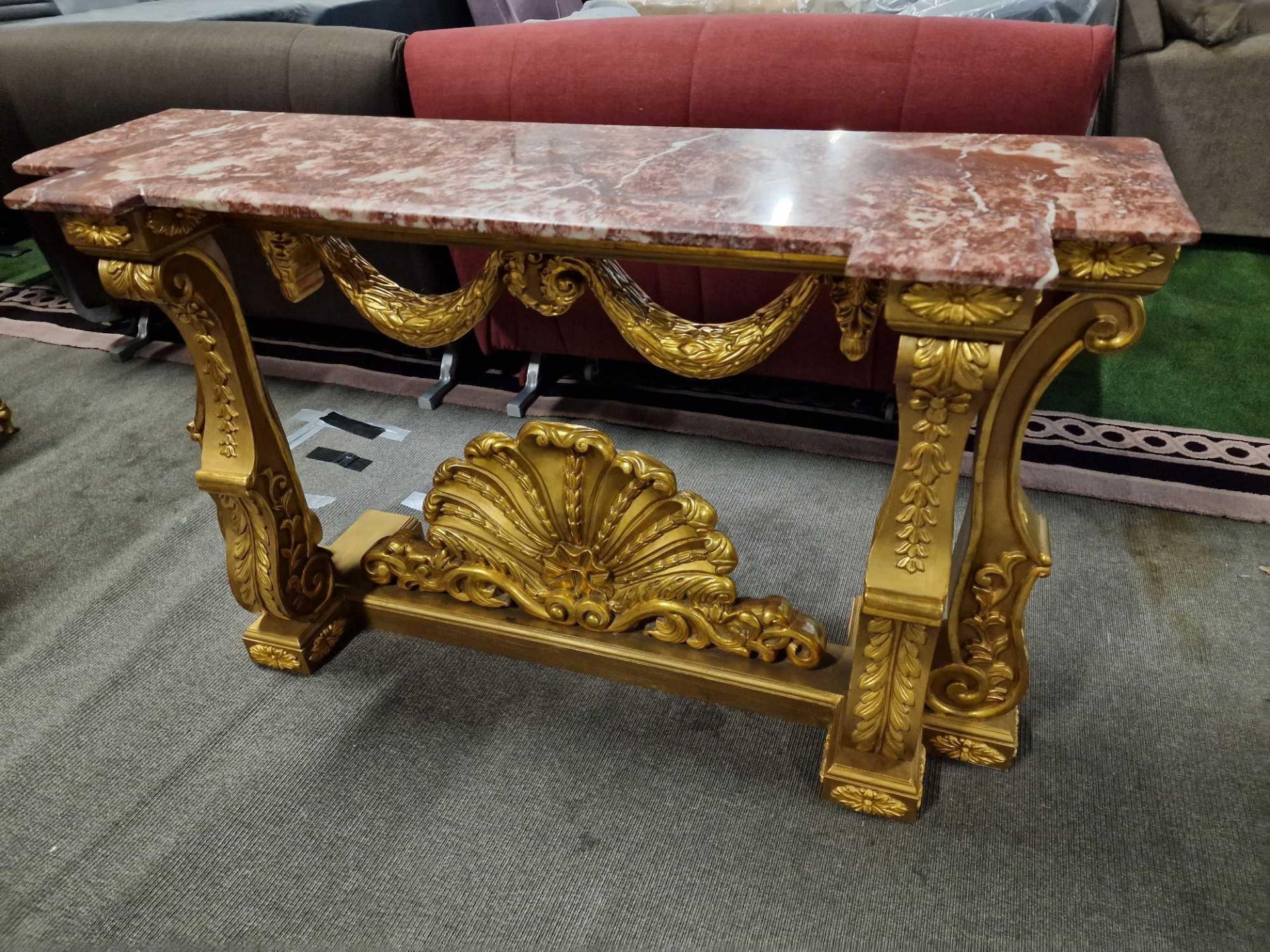 Italian Carved Gilt Wood Rococo Style Console Table The Bevelled Moulded And Thick Rosso Alicante - Image 8 of 16