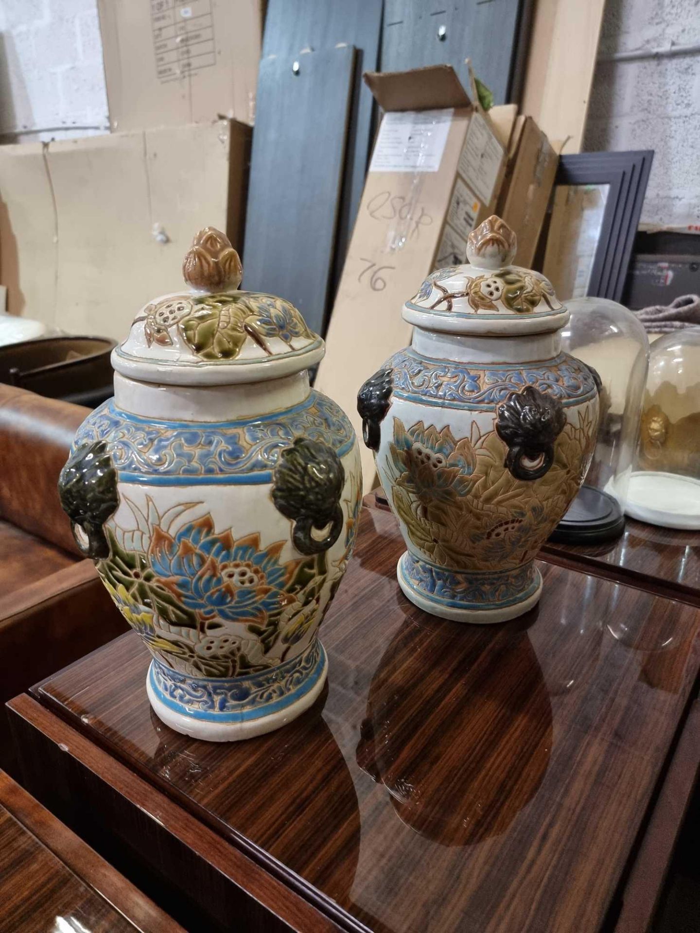 A Pair of Large Ceramic Temple Jars with Lids 40cm