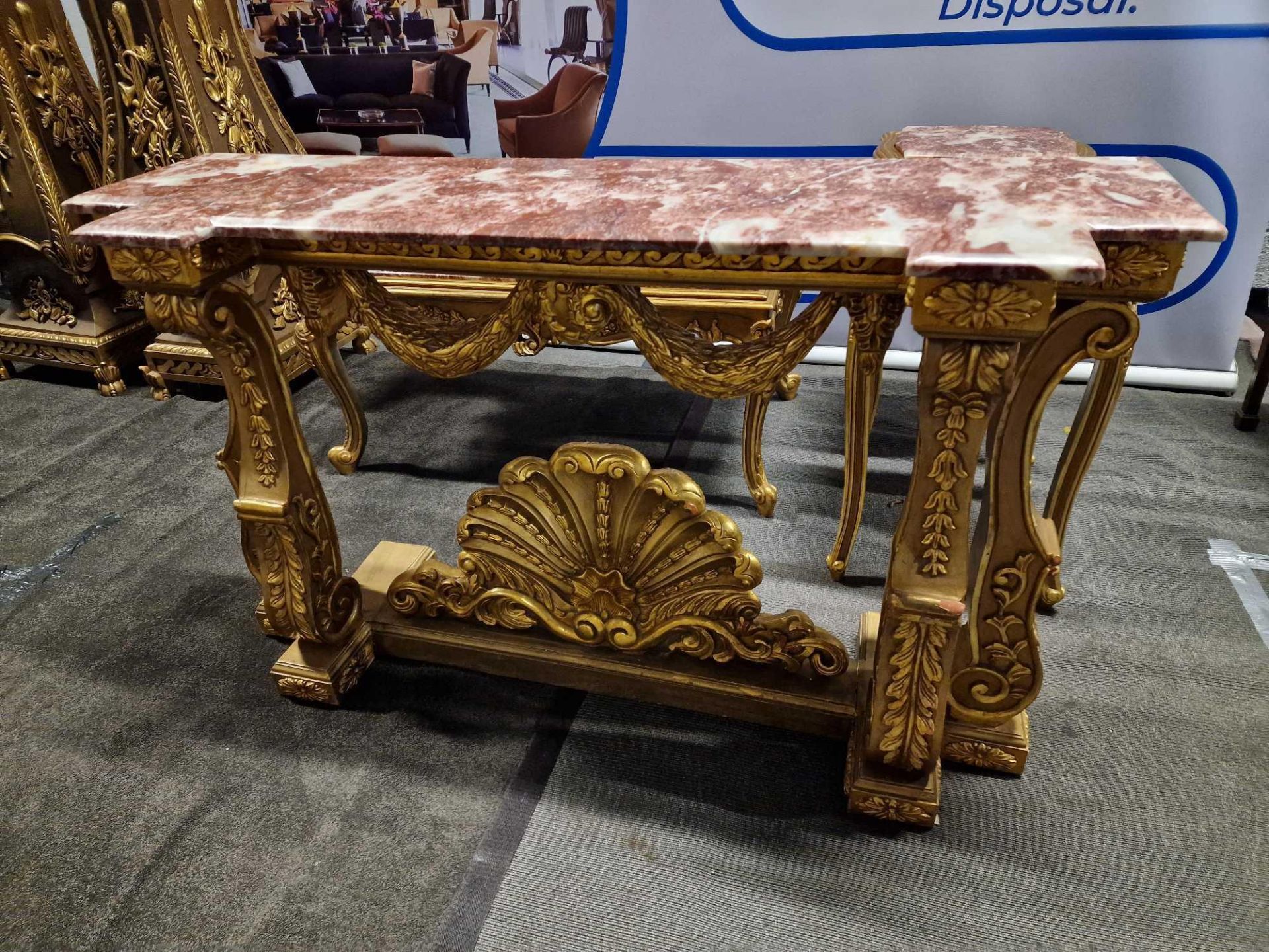 Italian Carved Gilt Wood Rococo Style Console Table The Bevelled Moulded And Thick Rosso Alicante - Image 11 of 24