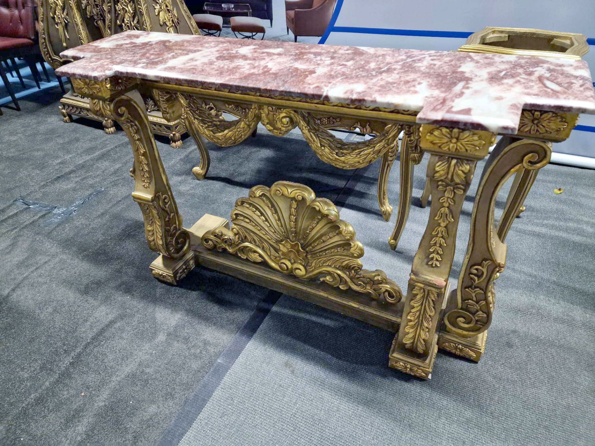 Italian Carved Gilt Wood Rococo Style Console Table The Bevelled Moulded And Thick Rosso Alicante - Image 4 of 24