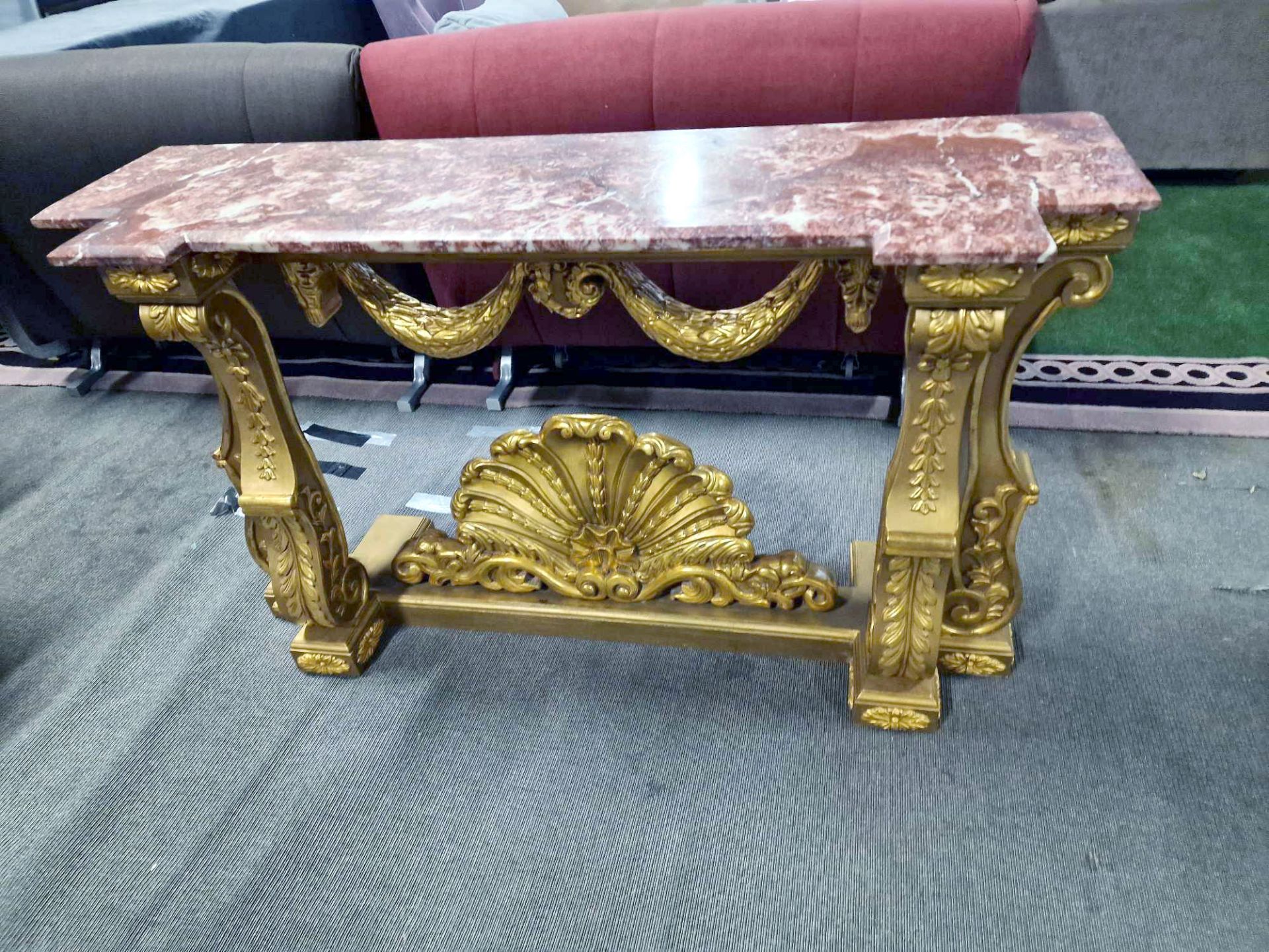 Italian Carved Gilt Wood Rococo Style Console Table The Bevelled Moulded And Thick Rosso Alicante - Image 5 of 16