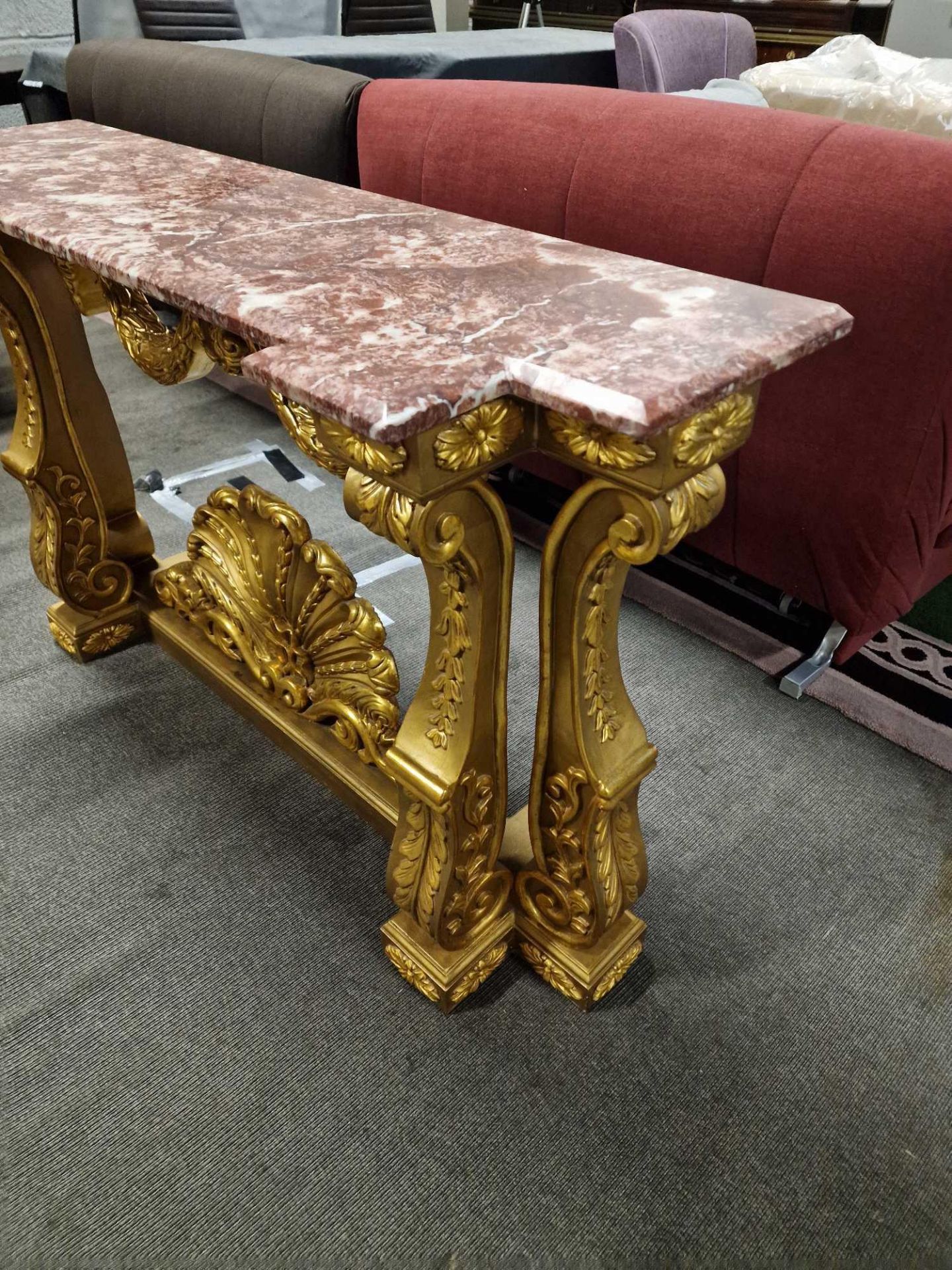 Italian Carved Gilt Wood Rococo Style Console Table The Bevelled Moulded And Thick Rosso Alicante - Image 9 of 16