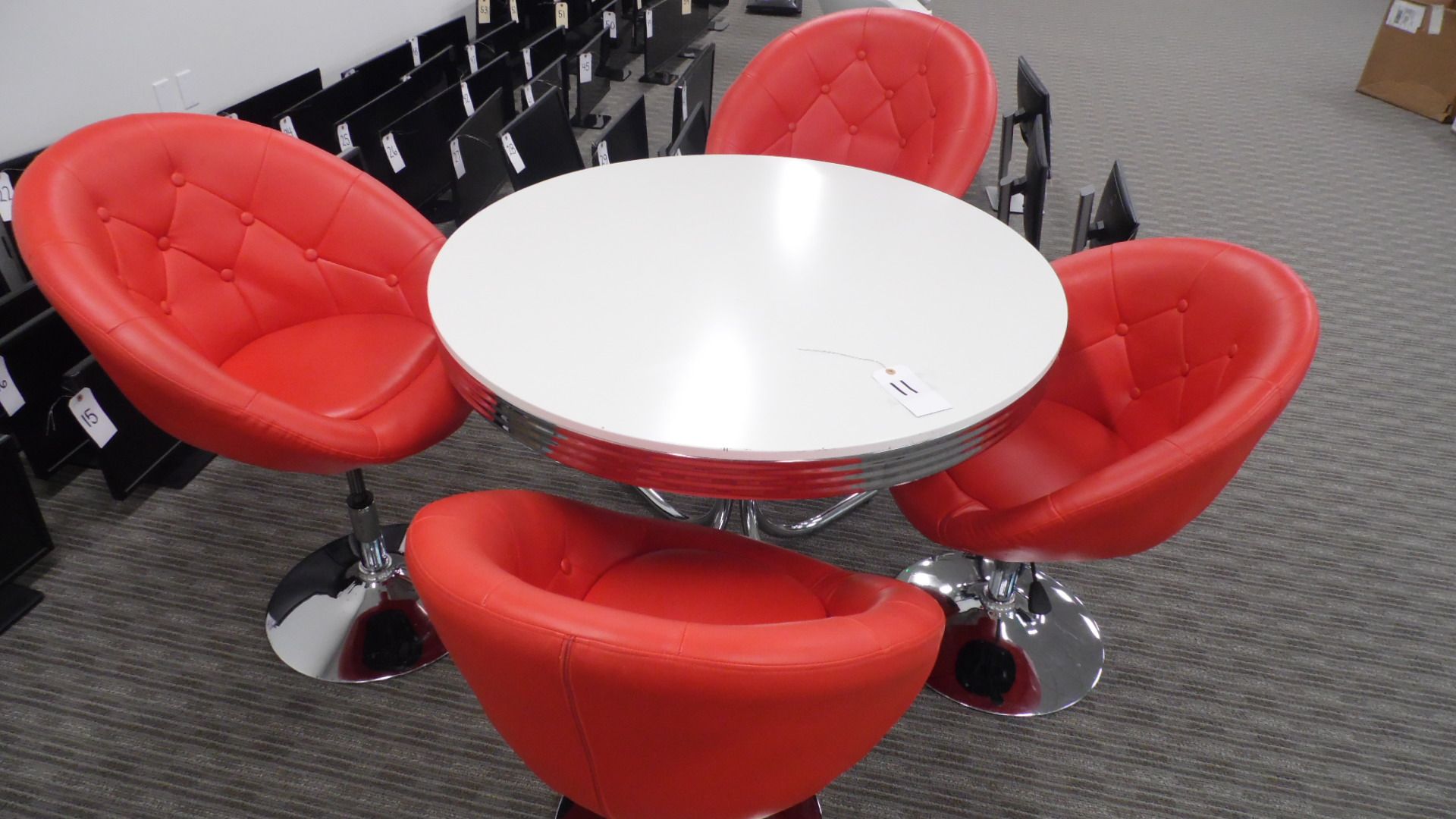 44" round table w/ 4 RED SWIVEL CHAIRS