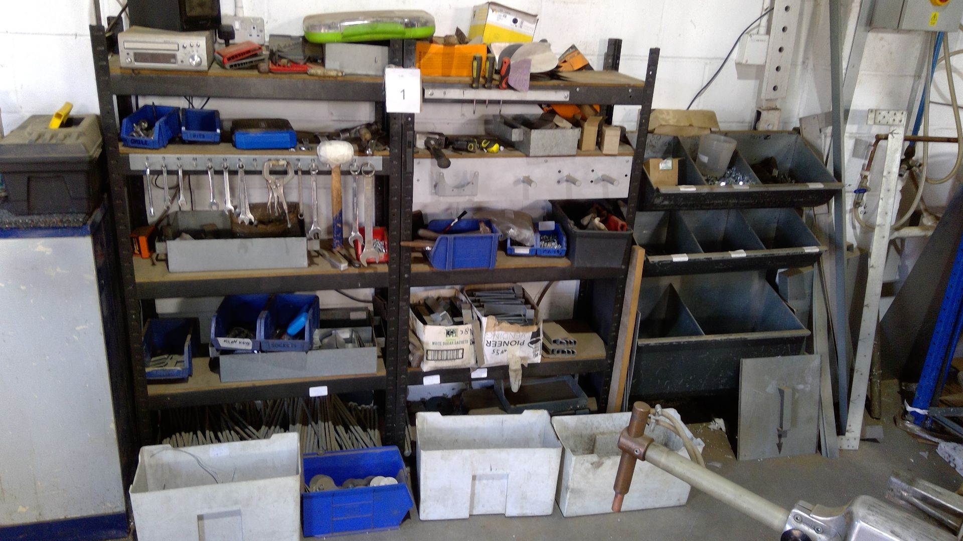 Fixtures, fittings and assorted tools to include shelving and contents
