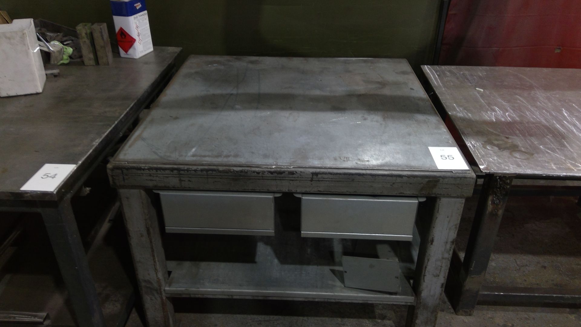 Steel workbench approx 1.25m x 1.25m with storage drawers