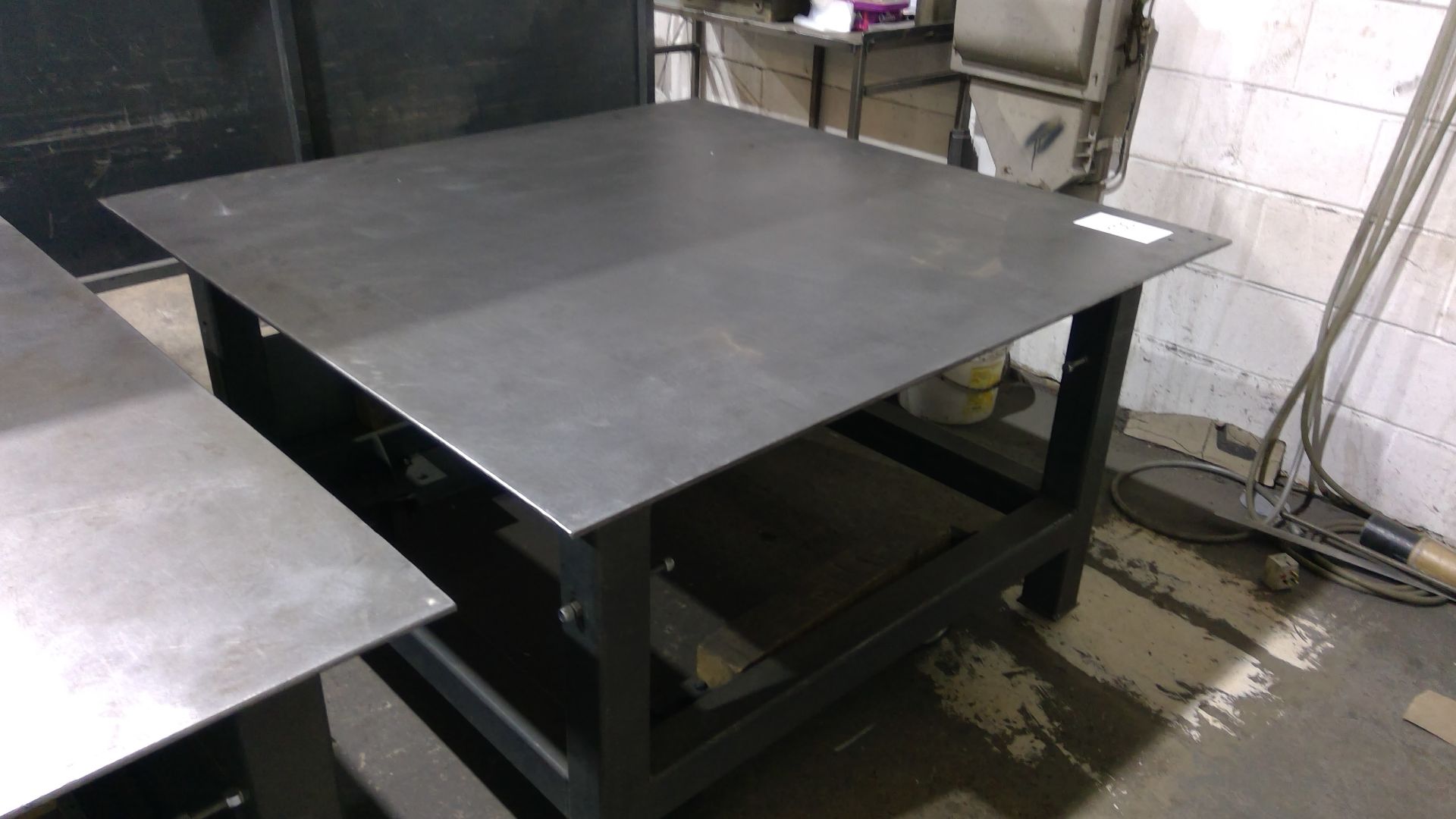Mobile steel workbench approx 1.5m x 1.5m