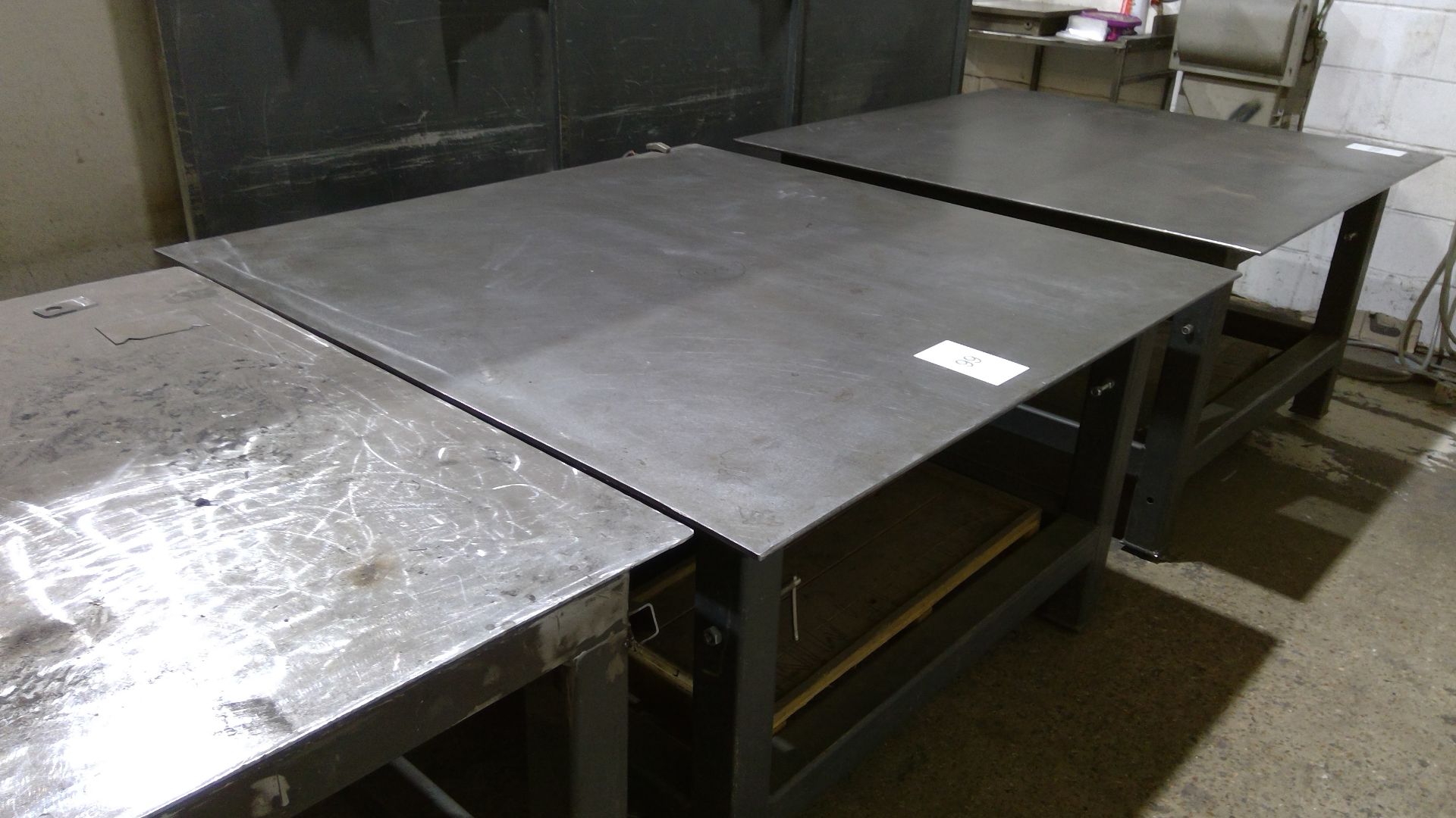 Mobile steel workbench approx 1.5m x 1.5m