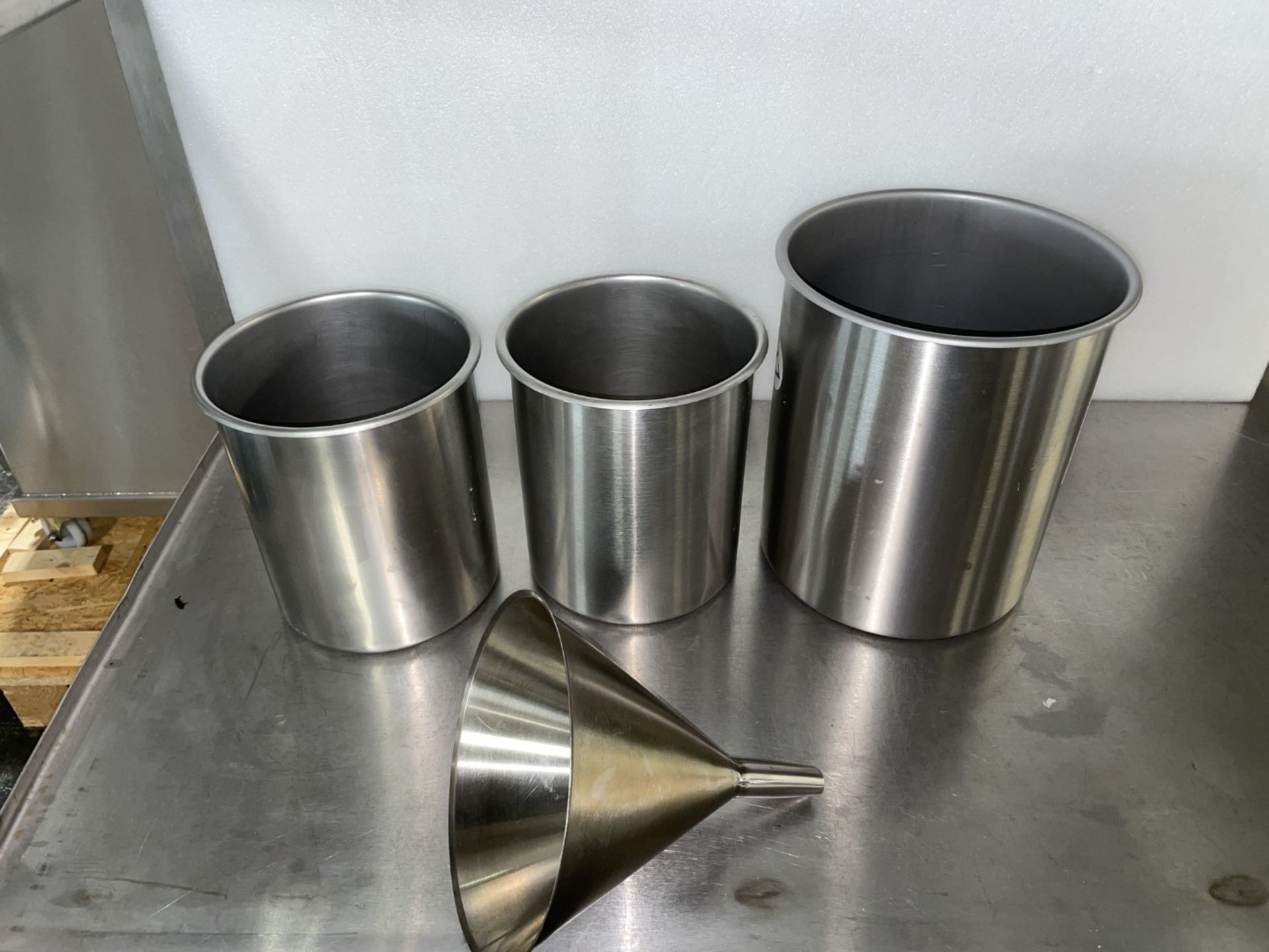 Lot of Stainless Steel Beakers/Pots, with Funnel