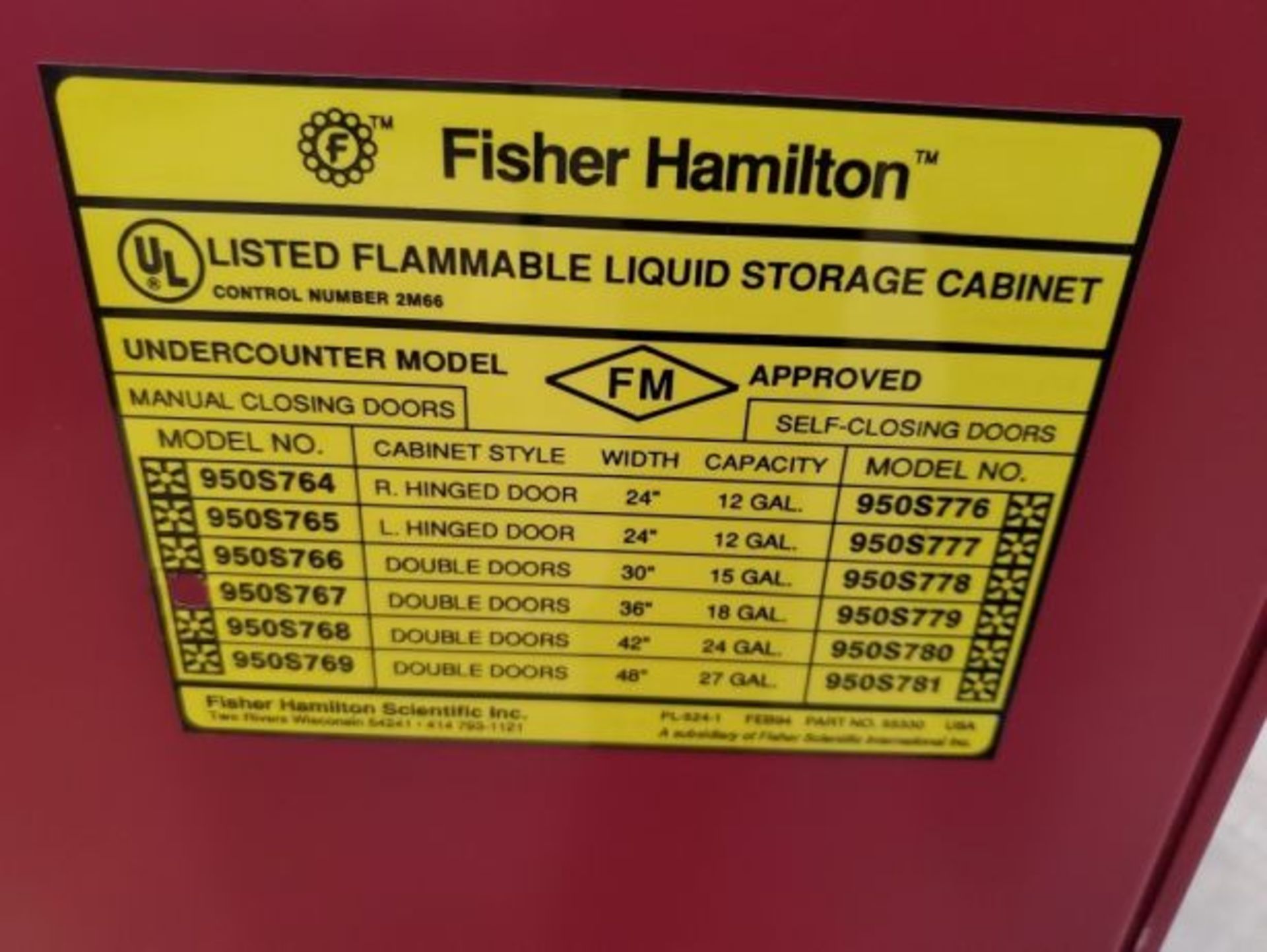 Fisher Hamilton Model 950S767 36 Wide 18 Gallon 2-Door Under Counter Flammable Cabinet Location - Image 4 of 5
