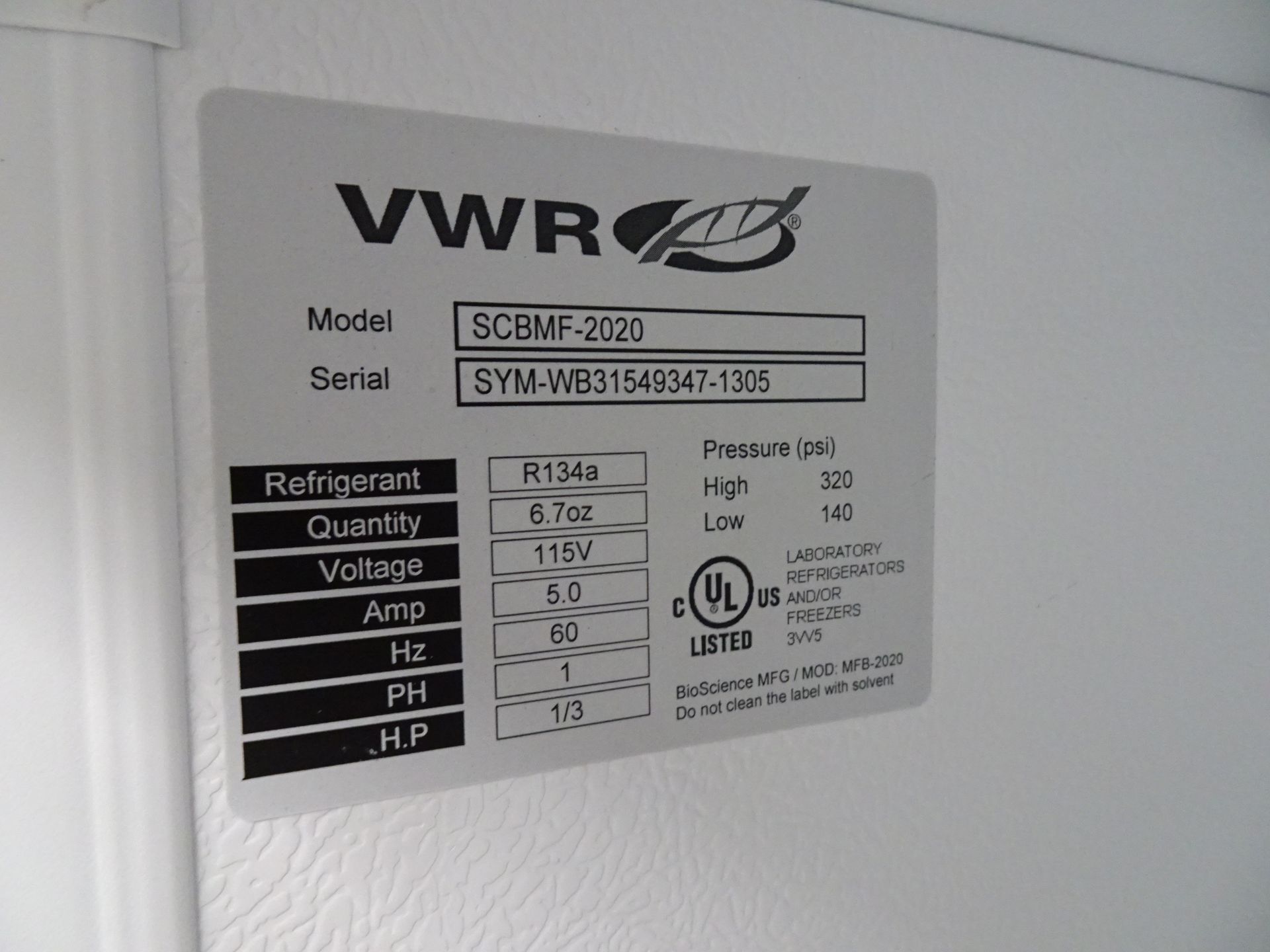 VWR Model SCBMF-1420 -20 Laboratory Refrigerator sn SYM-WB42055555-1407 11V 60Hz R134a - Image 3 of 4