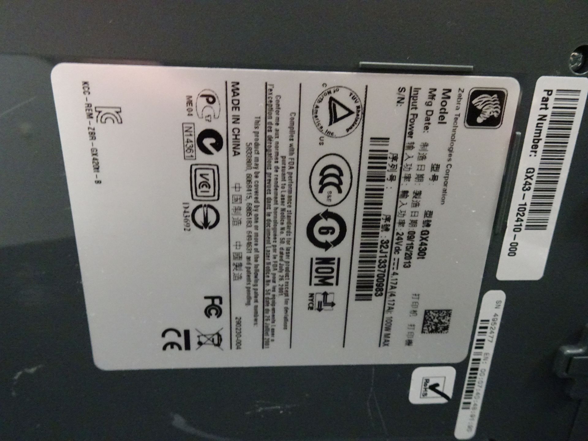 Zebra Model GX430t Thermal Label Printer sn 32J133700983 (Asset I.D. # ) - Image 4 of 4