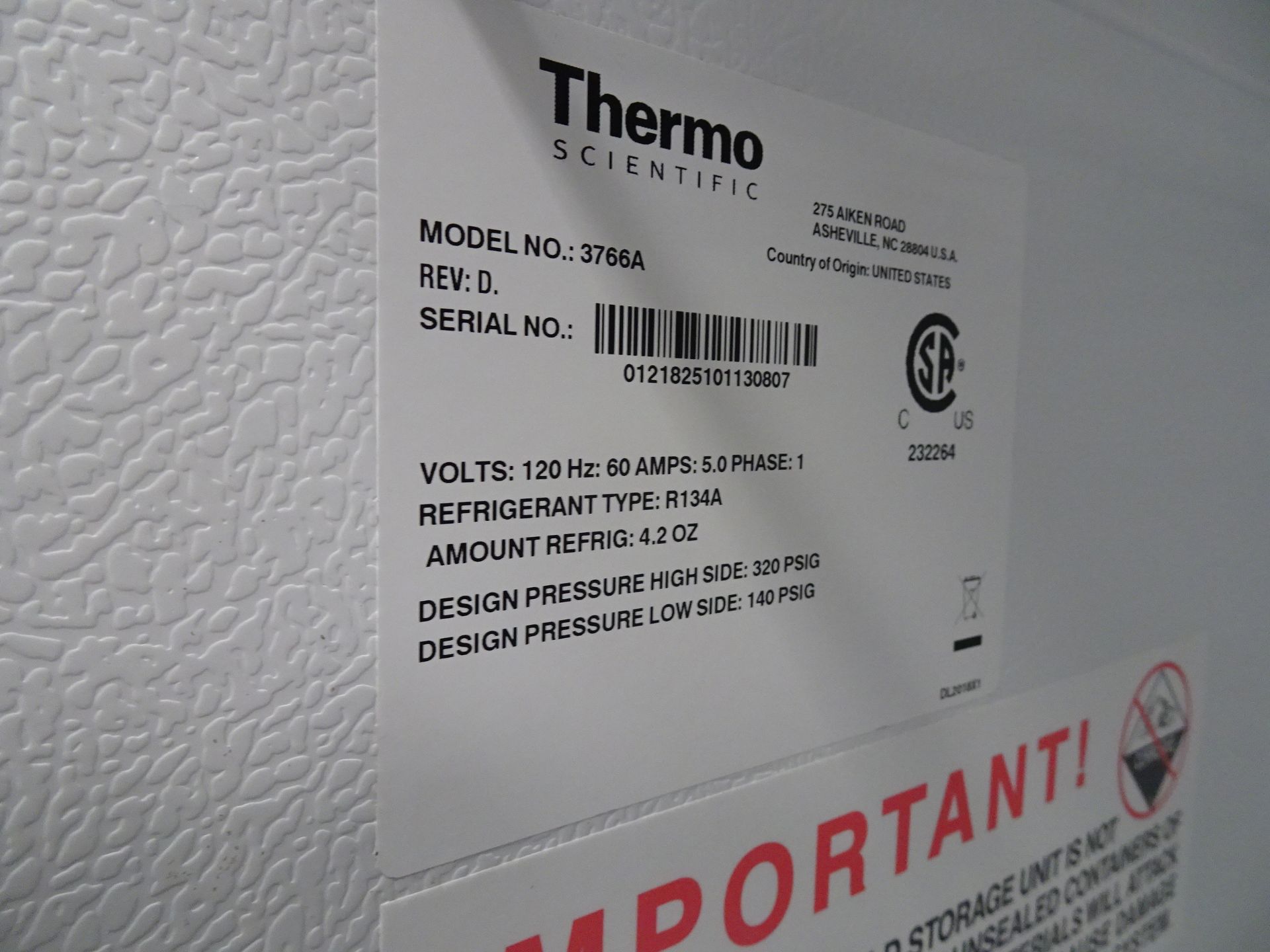 Thermo Scientific Model 3766A -20 Lab Freezer sn 0121825101130807 120V 60Hz R134A Refrigerant (Asset - Image 3 of 4