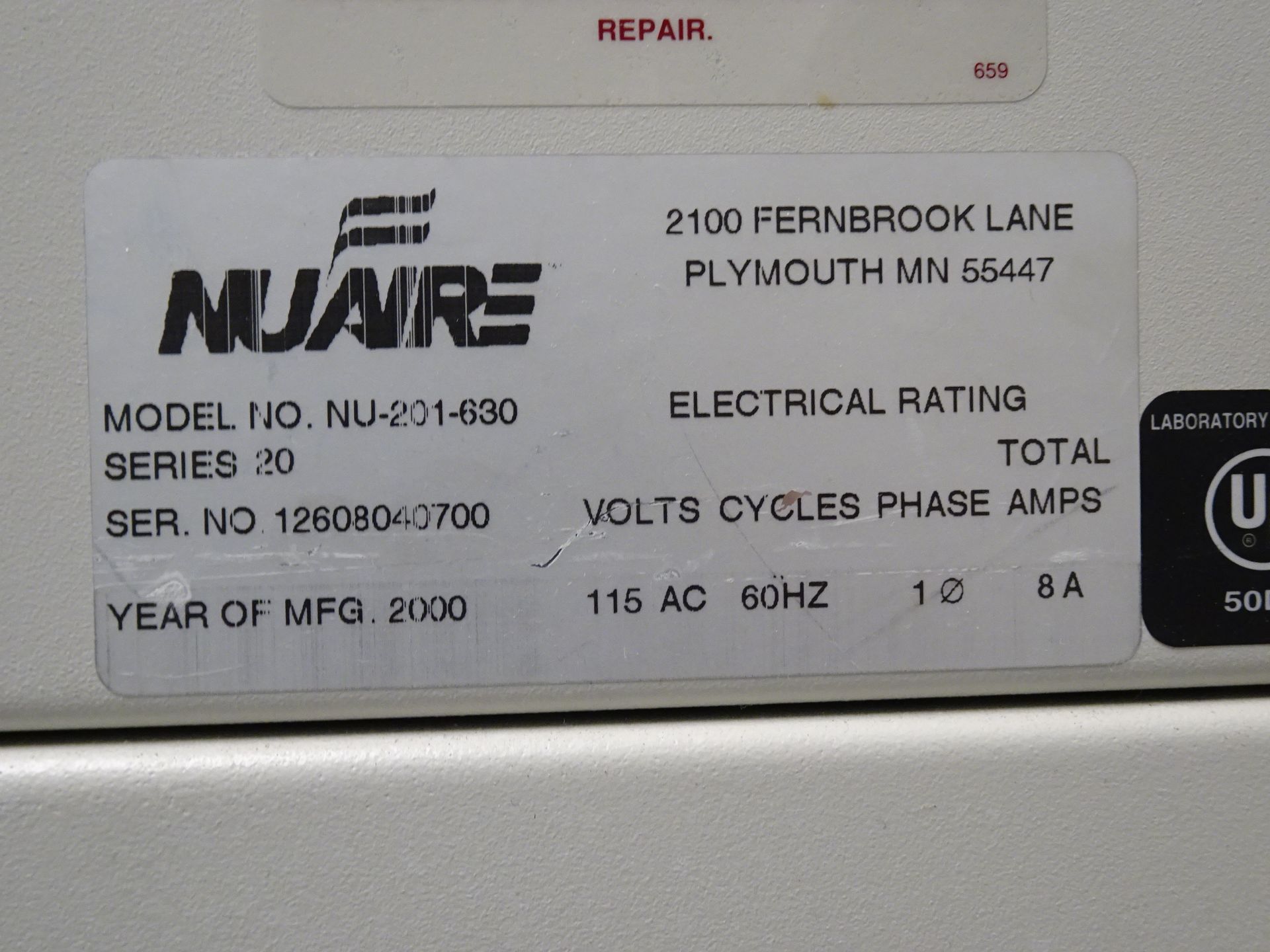 2000 Nuaire Model NU-S201-630 20 Series 72" x 30" Laminair Flow Wokstation sn 12608040700 (Asset I. - Image 3 of 4