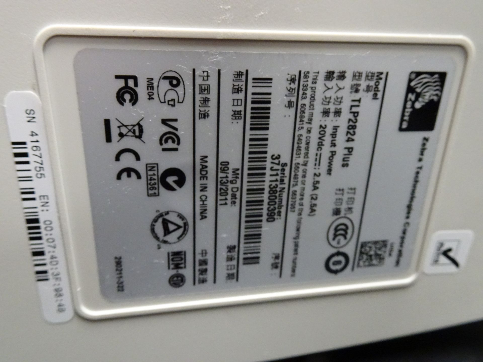 Zebra Model TLP 2824 Plus Thermal Label Printer sn 37J113800390 (Asset I.D. # ) - Image 4 of 4
