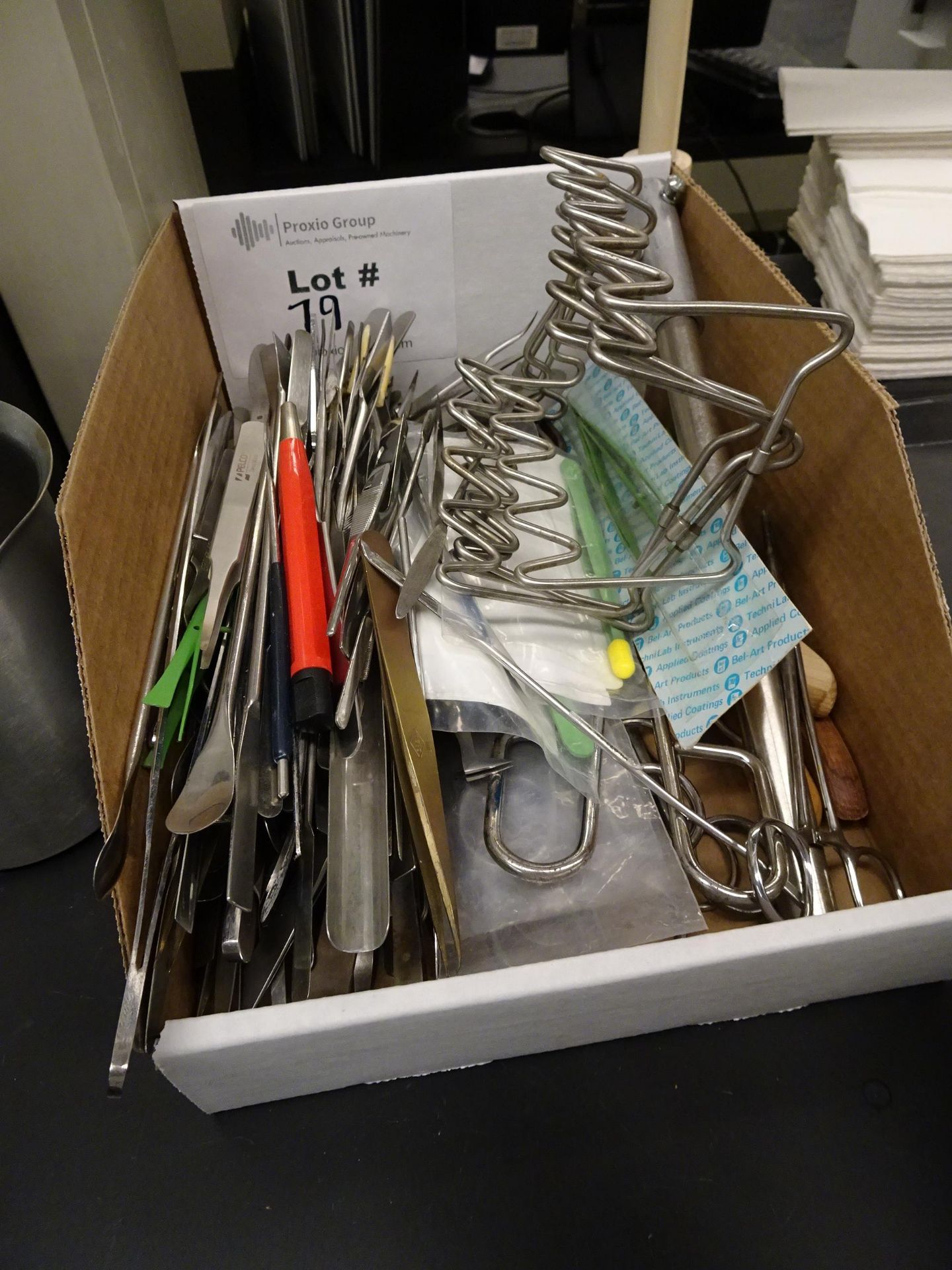 Lot Box of Misc Lab Tools Including Scissors, Foreceps, Tweezers, and Spatulas