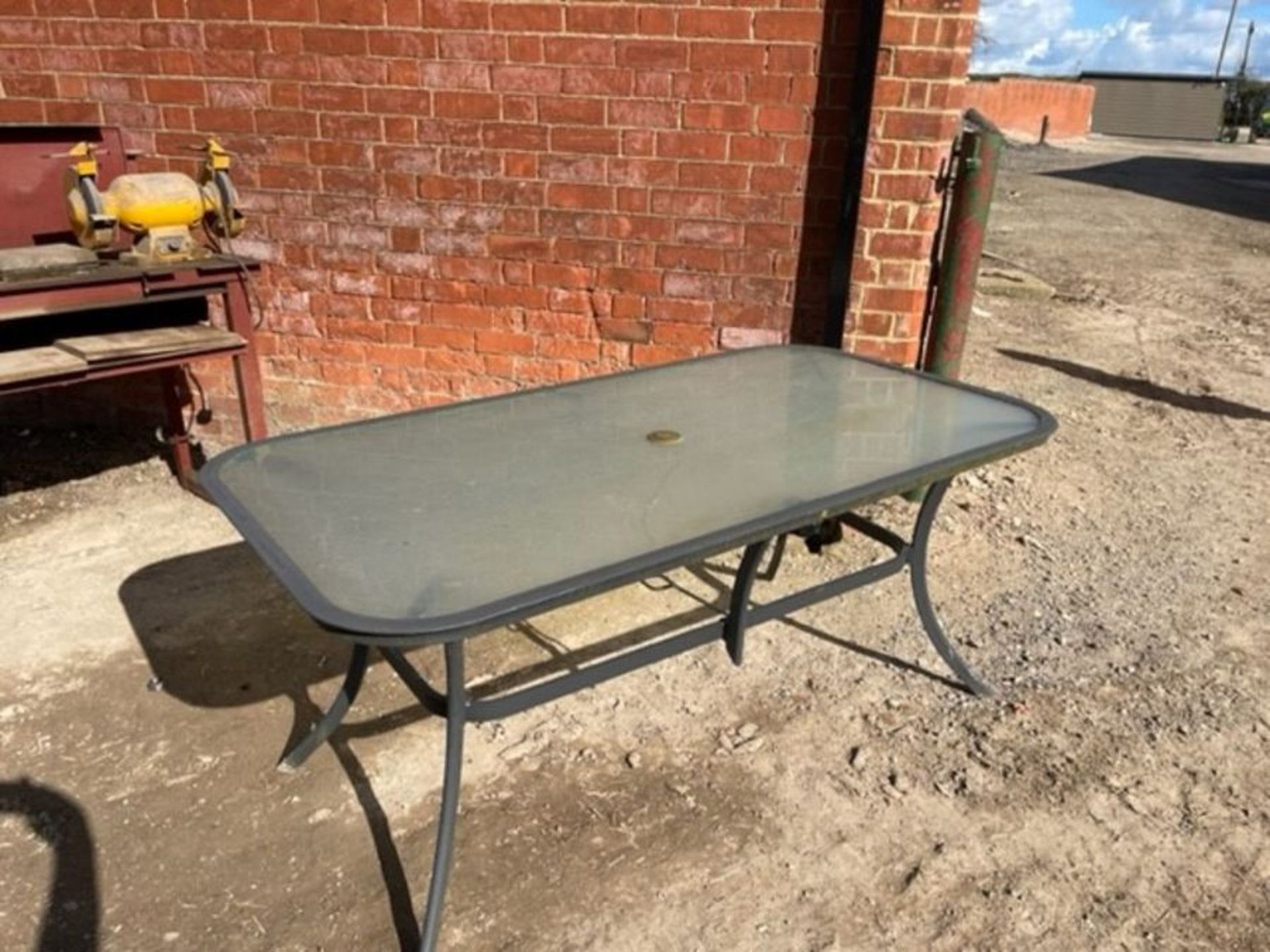 Metal garden table with glass top & wooden coffee table