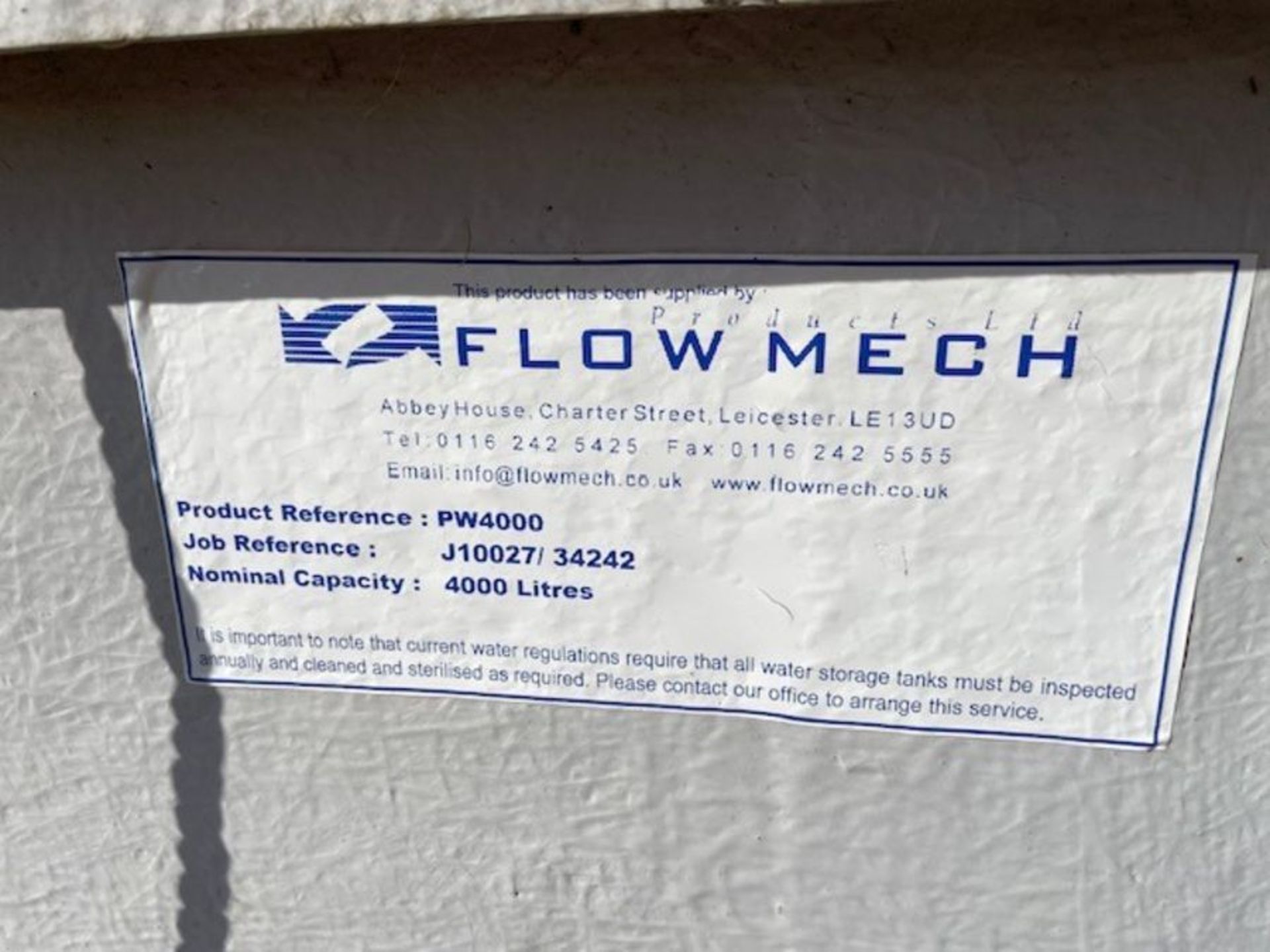 Flow Mech fibre glass 4000lt water tank (sold in situ) - Image 2 of 2
