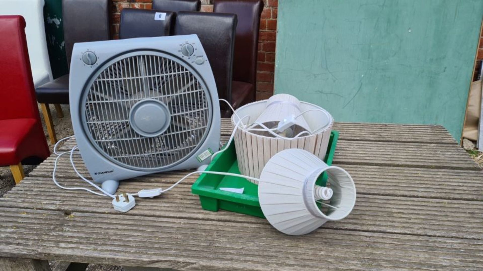 Pair of bedside lamps & Champion fan, passed PAT test