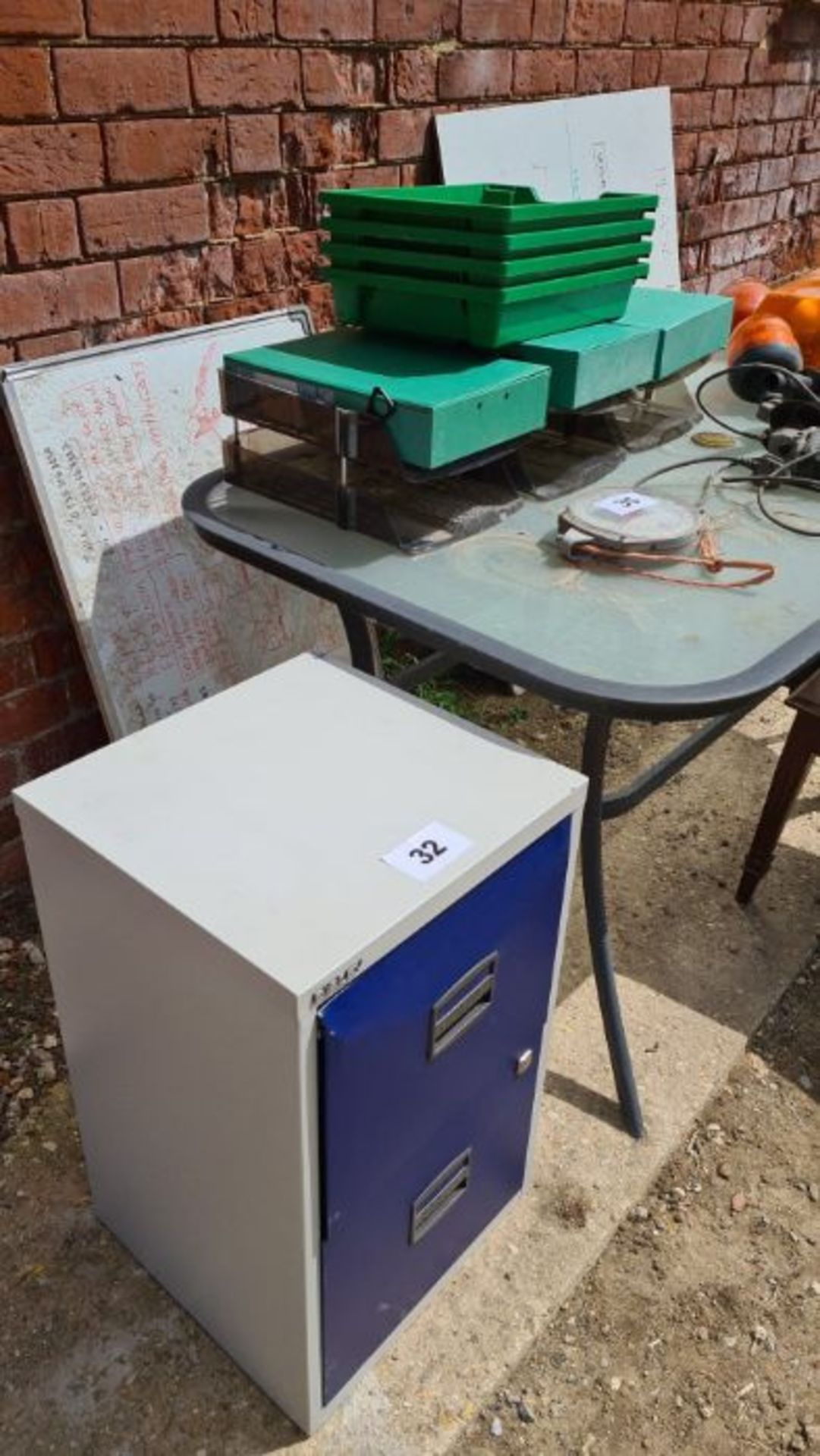 2 drawer filing cabinet, white boards & office trays, key in office