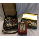 A BOX WTH COSTUME JEWELLERY, LADIES WATCH & A TIN OF BROOCHES