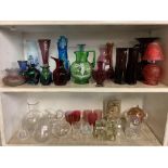2 SHELVES OF CUT GLASS & OTHER COLOURED GLASS ORNAMENTS, JUGS, VASES ETC
