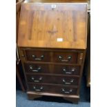 SMALL REPRODUCTION YEW WRITING BUREAU WITH HINGED LID & 4 DRAWERS WITH BRASS DROP HANDLES, 20'' WIDE