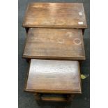 NEST OF 3 HEAVY CARVED OAK COFFEE TABLE WITH TURNED LEGS