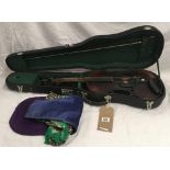 A 19TH CENTURY VIOLIN WITH BOW AND REST IN A MODERN CASE