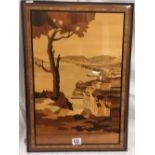 FINE QUALITY SORRENTO MARQUETRY PANEL OF A COASTAL LANDSCAPE WITH LABEL TO REVERSE
