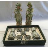 BOXED SAKI DRINKING SET & 2 FIGURINES, A MAN & A WOMEN