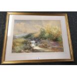 FREDERICK JOHN WIDGERY. A LARGE ORIGINAL SIGNED WATERCOLOUR OF A WOODED RIVER VALLEY, 20'' X 28''