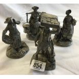 4 PEWTER FIGURES, THE MUFFIN MAN, STRAWBERRY GIRL, MILK MAID & THE FISH WOMEN