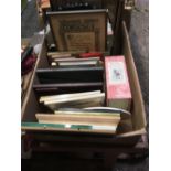 CARTON WITH CERAMIC TILES, EMPTY F/G LEATHER PICTURE FRAMES, MIRROR, BOOKLETS OF SOUVENIR