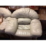 CREAM LEATHER LOOK THREE PIECE SUITE WITH FOOT STOOL
