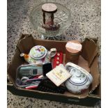 CARTON WITH 2 CHINA TEA POTS, GLASS BOWL, SAND TIMER & VARIOUS VINTAGE MOBILE PHONES