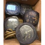 CARTON WITH 5 AIRCRAFT INSTRUMENT GAUGES, ONE WITH DAMAGED GLASS, POSSIBLY WWII