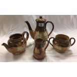 SHELF OF 4 PIECES OF ROYAL DOULTON 2 TONE BROWN POTTERY, TEA POT MISSING LID