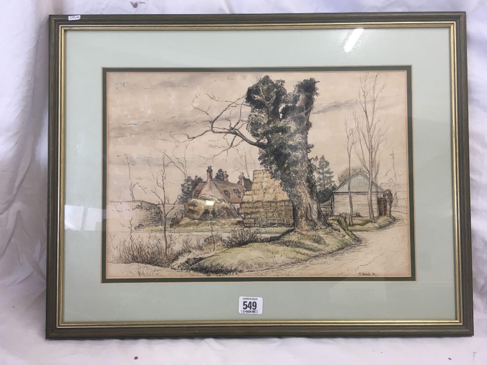 PEN, INK AND WATERCOLOUR DRAWING OF A FARMSTEAD BY A TEAGLE, DATED '59