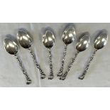 6 CAST COFFEE SPOONS WITH TURKISH EMBLEM, POSSIBLY SILVER