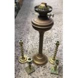 2 PAIRS OF CANDLESTICKS & A BRASS 2 BURNER OIL LAMP, NO SHADES OR CHIMNEY'S