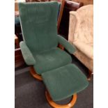 EKORNES GREEN UPHOLSTERED HIGH BACK ARMCHAIR WITH MATCHING FOOTREST