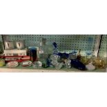 SHELF OF GLASS PAPER WEIGHTS, DECANTERS, VASES & HIGH GROVE CANDLES
