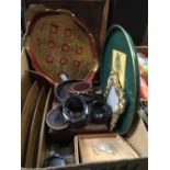 CARTON WITH WOODEN LETTER RACK, TRAYS, WOOD TRINKET BOXES & ORIENTAL WOODEN POT STANDS