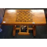 HEAVY RUSTIC PINE CHEST TABLE WITH TURNED LEGS & DRAWER CONTAINING CHESS & DRAFT SETS