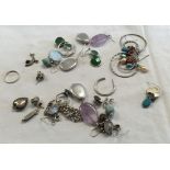 BAG WITH VARIOUS SILVER EARRINGS, FINGER RINGS & OTHER SILVER ITEMS