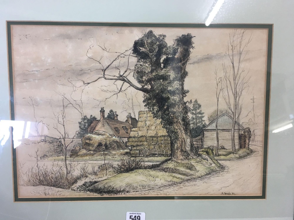 PEN, INK AND WATERCOLOUR DRAWING OF A FARMSTEAD BY A TEAGLE, DATED '59 - Image 2 of 4