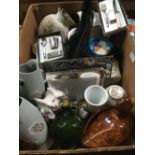 CARTON OF MIXED CHINA INCL; TEA POTS, MUGS, VASES, PICTURE FRAMES & BLACK FEATHERS