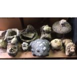 QTY OF RE-CONSTITUTED STONE GARDEN ORNAMENTS, FIBRE GLASS FROG & BOOT