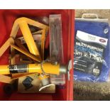 RED CARTON WITH MULTI PURPOSE TARPAULIN, OPEN ENDED SPANNERS & HAND TOOLS, PAIR OF HALFORDS 2 TON